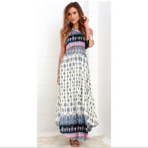 Lulus Learn to Fly Cream & Blue Print Maxi - Small